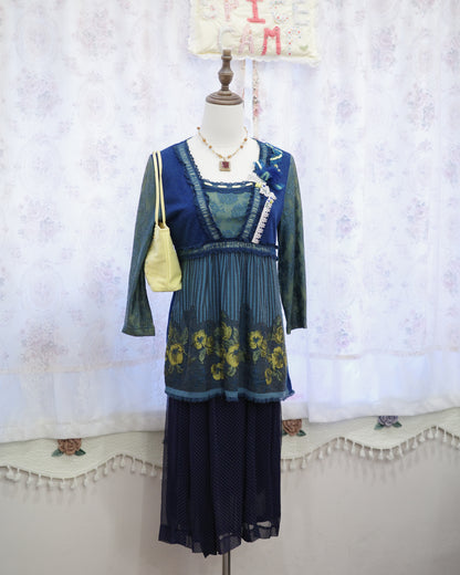 Teal & Navy Floral Lace Babydoll Blouse