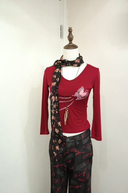 Crimson Butterfly V-Neck Top