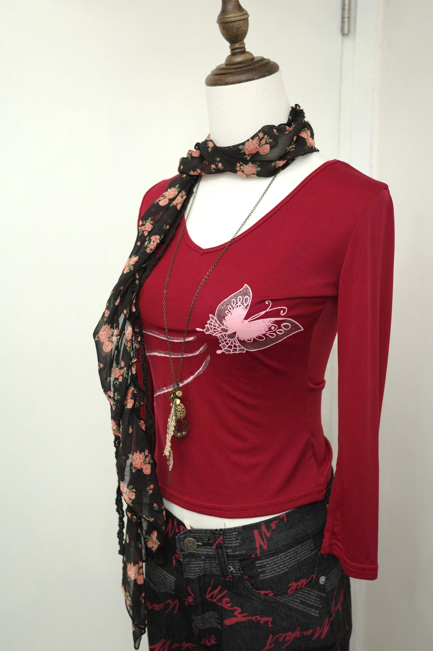 Crimson Butterfly V-Neck Top