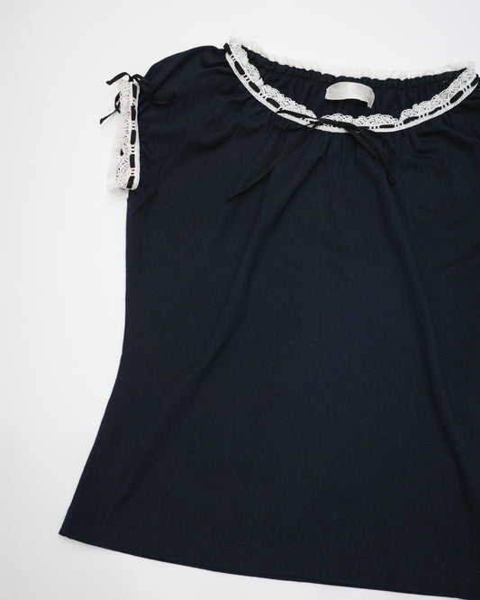 Jane Marple Black Top w/ Lace Trim