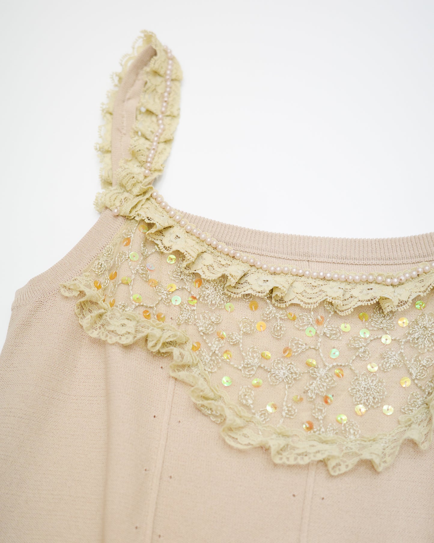 Cream Lace Cami w/ Pearl & Sequins Details