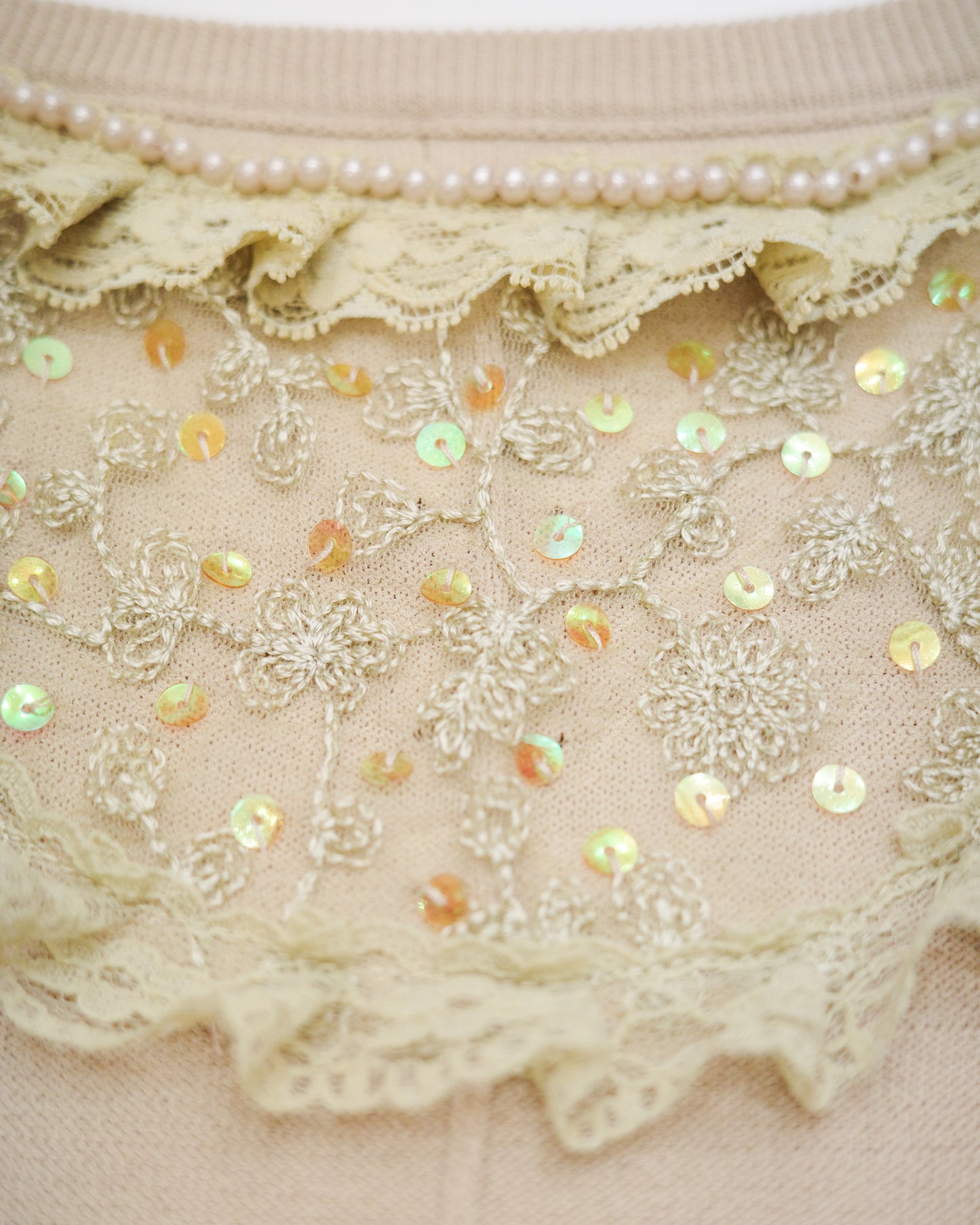 Cream Lace Cami w/ Pearl & Sequins Details