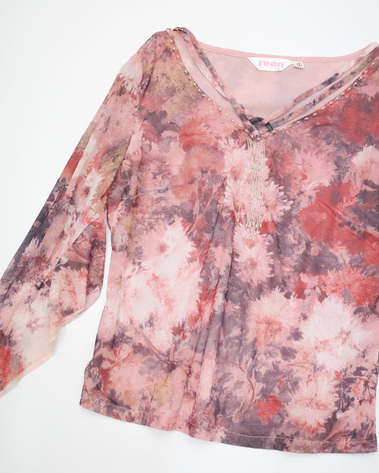Abstract Watercolor Beaded Mesh Blouse