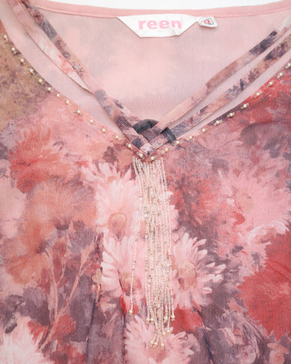 Abstract Watercolor Beaded Mesh Blouse