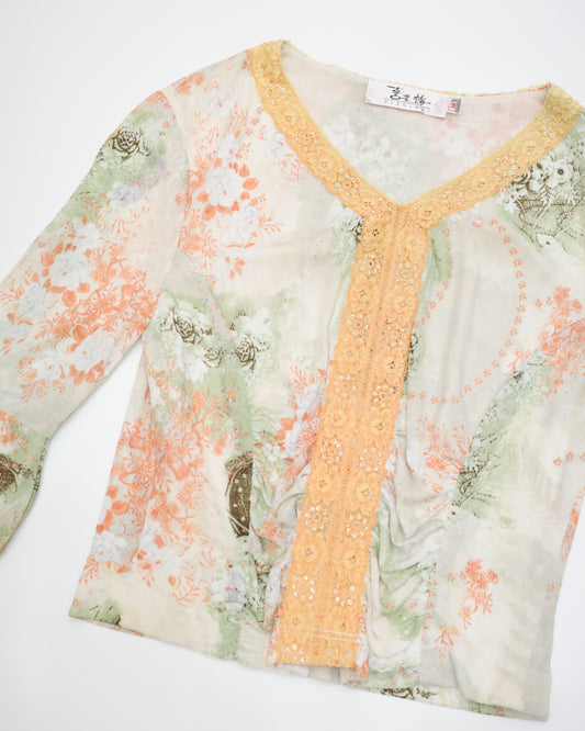 Sage & Peach Lace Trim Blouse
