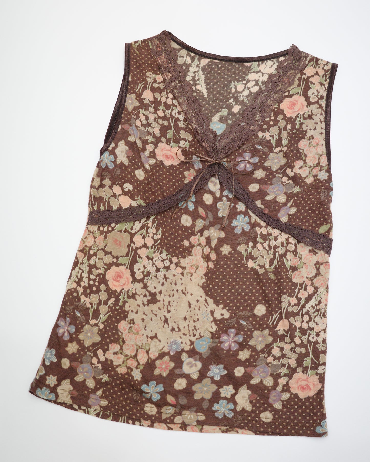 Brown Floral & Polka Dot Lace Trim Tank