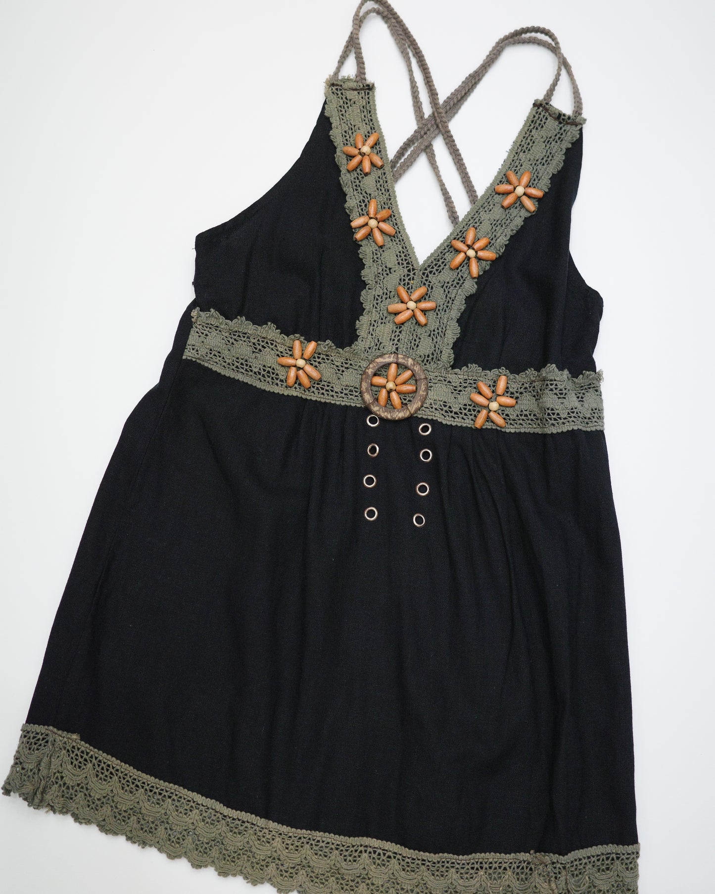 Black Cami w/ Wooden Flower Beads & Crochet Trim