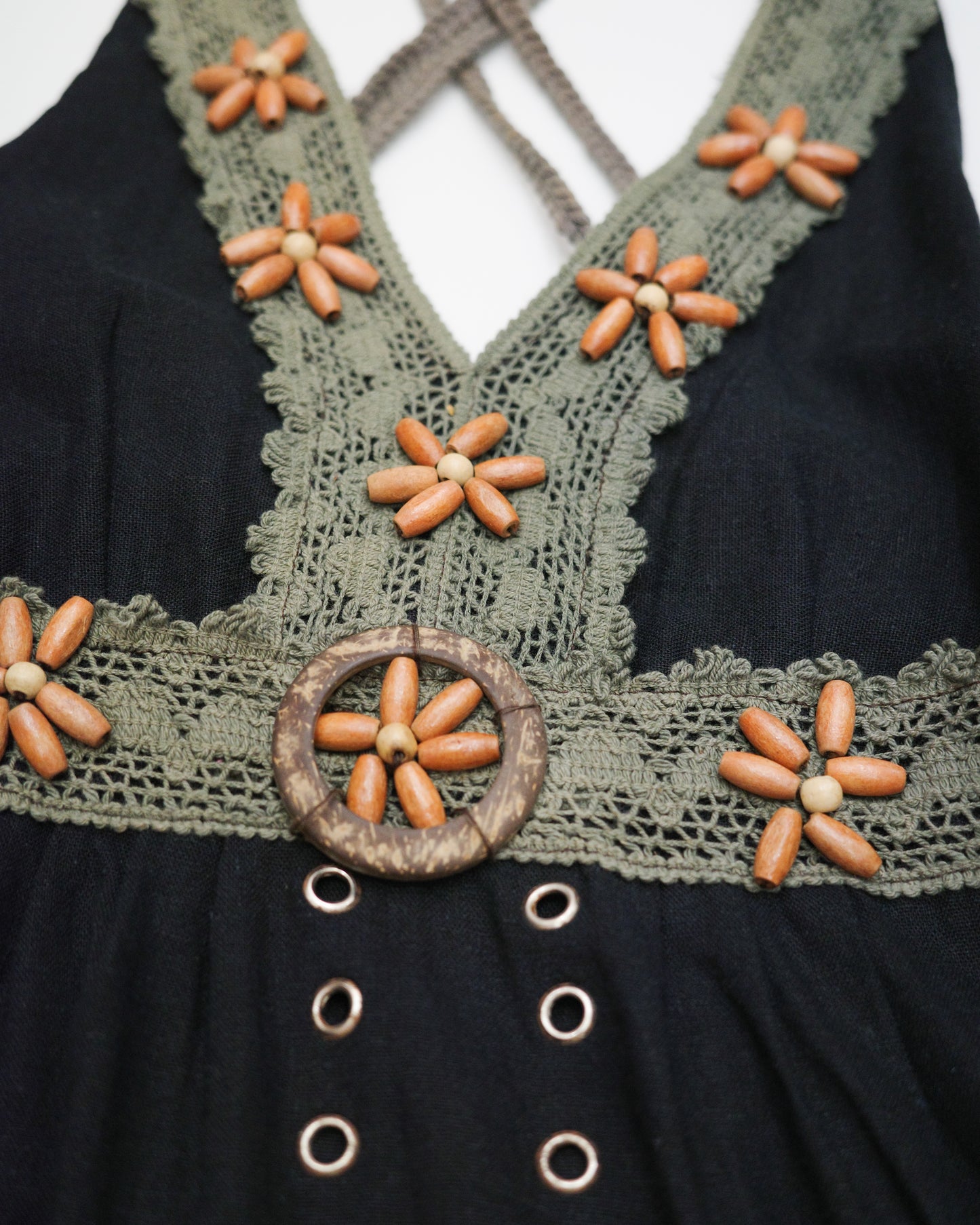 Black Cami w/ Wooden Flower Beads & Crochet Trim