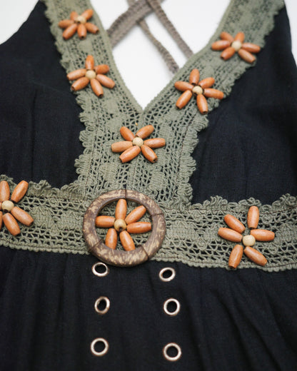 Black Cami w/ Wooden Flower Beads & Crochet Trim