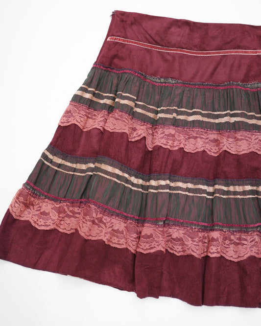 Burgundy Suede & Lace Tiered Skirt