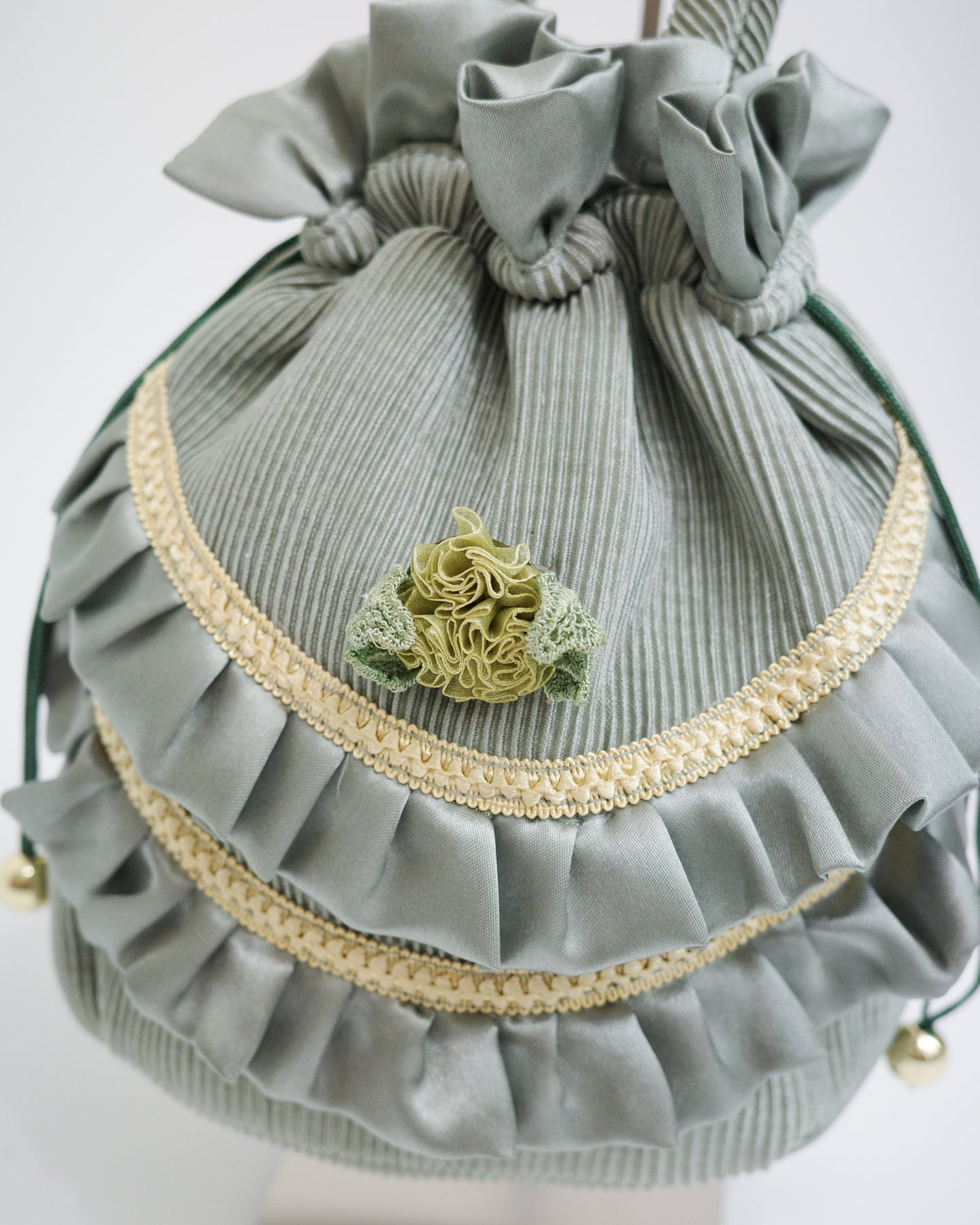 Sage Green Pleated Drawstring Pouch Bag