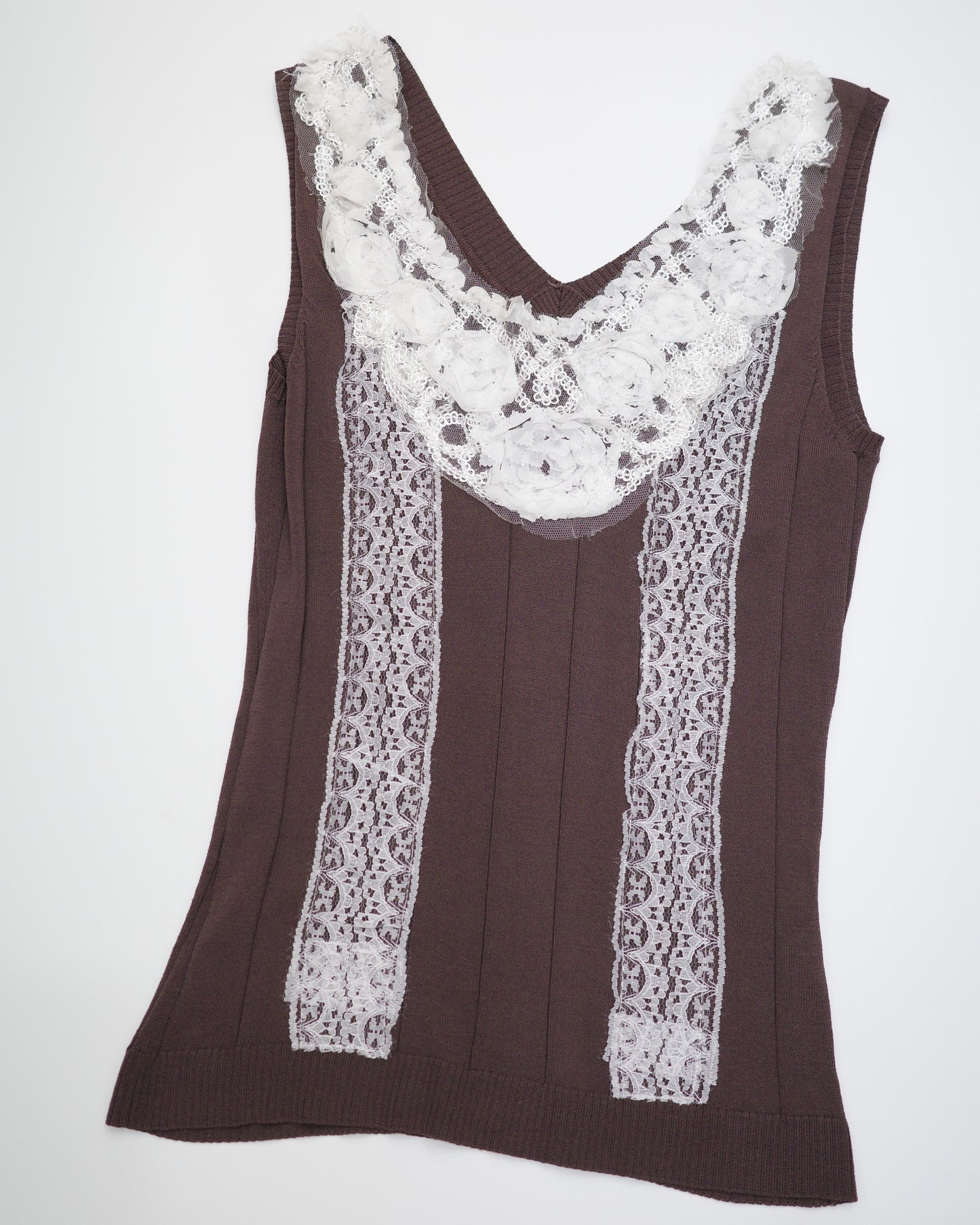 Brown Knit Tank with White Floral Lace