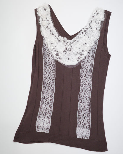 Brown Knit Tank with White Floral Lace