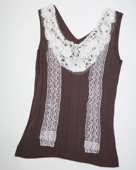 Brown Knit Tank with White Floral Lace