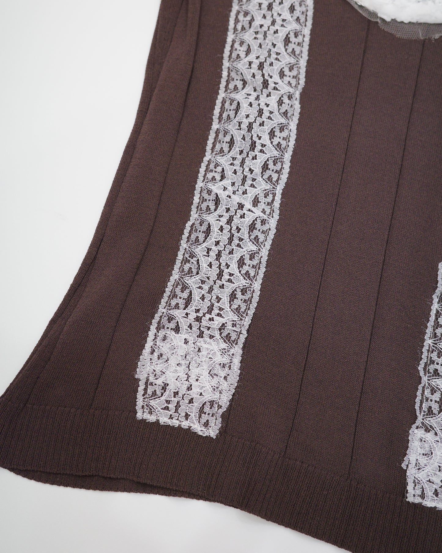 Brown Knit Tank with White Floral Lace