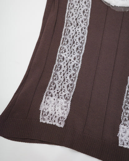 Brown Knit Tank with White Floral Lace