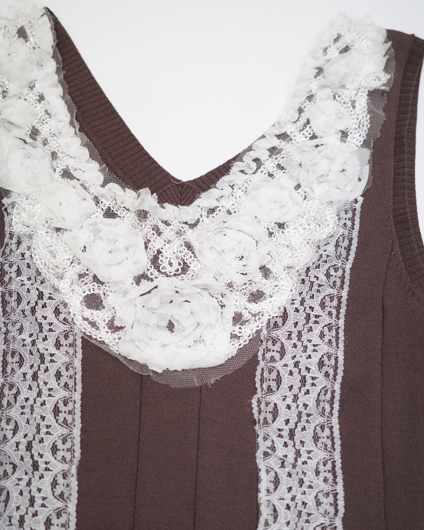 Brown Knit Tank with White Floral Lace
