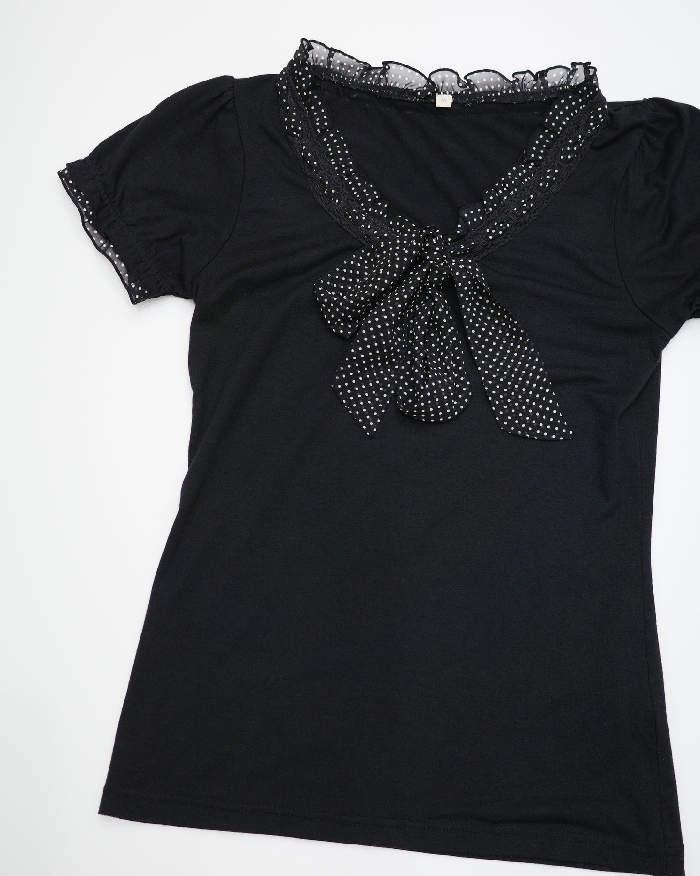 Black Polka Dot Ruffle Collar Tee