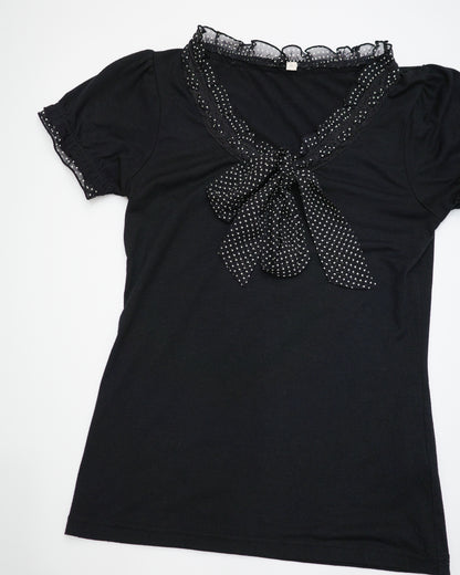 Black Polka Dot Ruffle Collar Tee