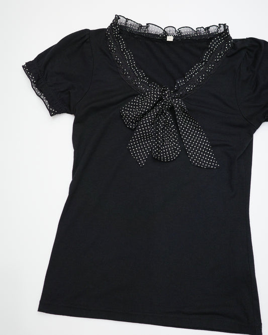 Black Polka Dot Ruffle Collar Tee