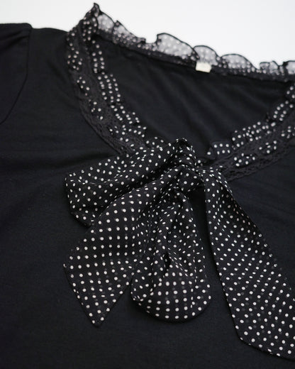 Black Polka Dot Ruffle Collar Tee