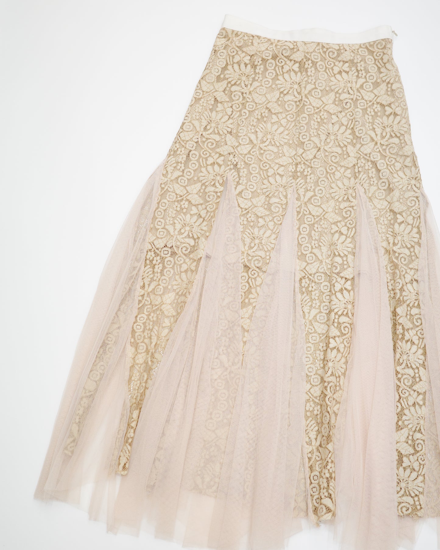 Beige Lace and Tulle Layered Maxi Skirt