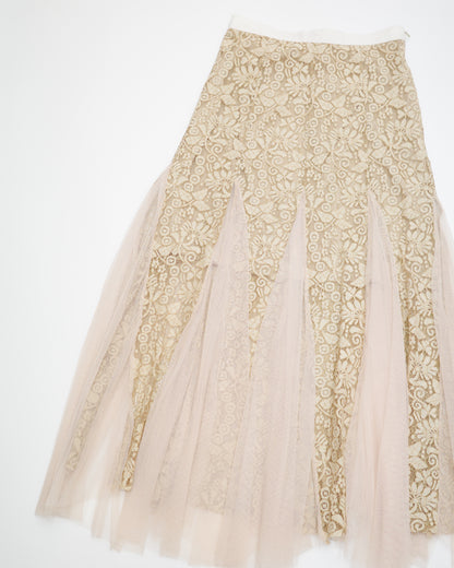 Beige Lace and Tulle Layered Maxi Skirt
