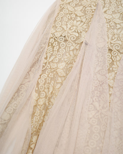 Beige Lace and Tulle Layered Maxi Skirt