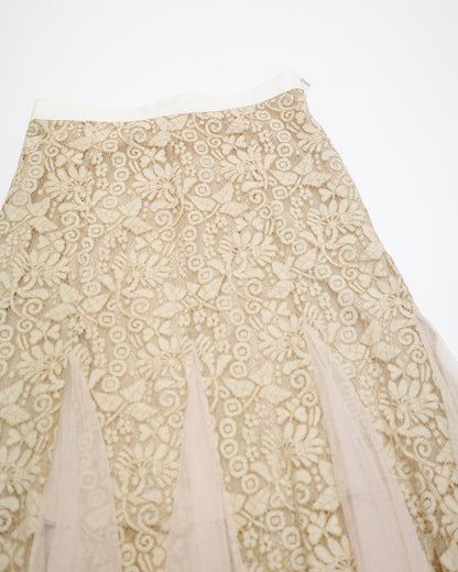 Beige Lace and Tulle Layered Maxi Skirt