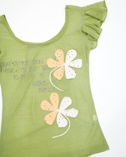 Green Floral Patch & Quote Top