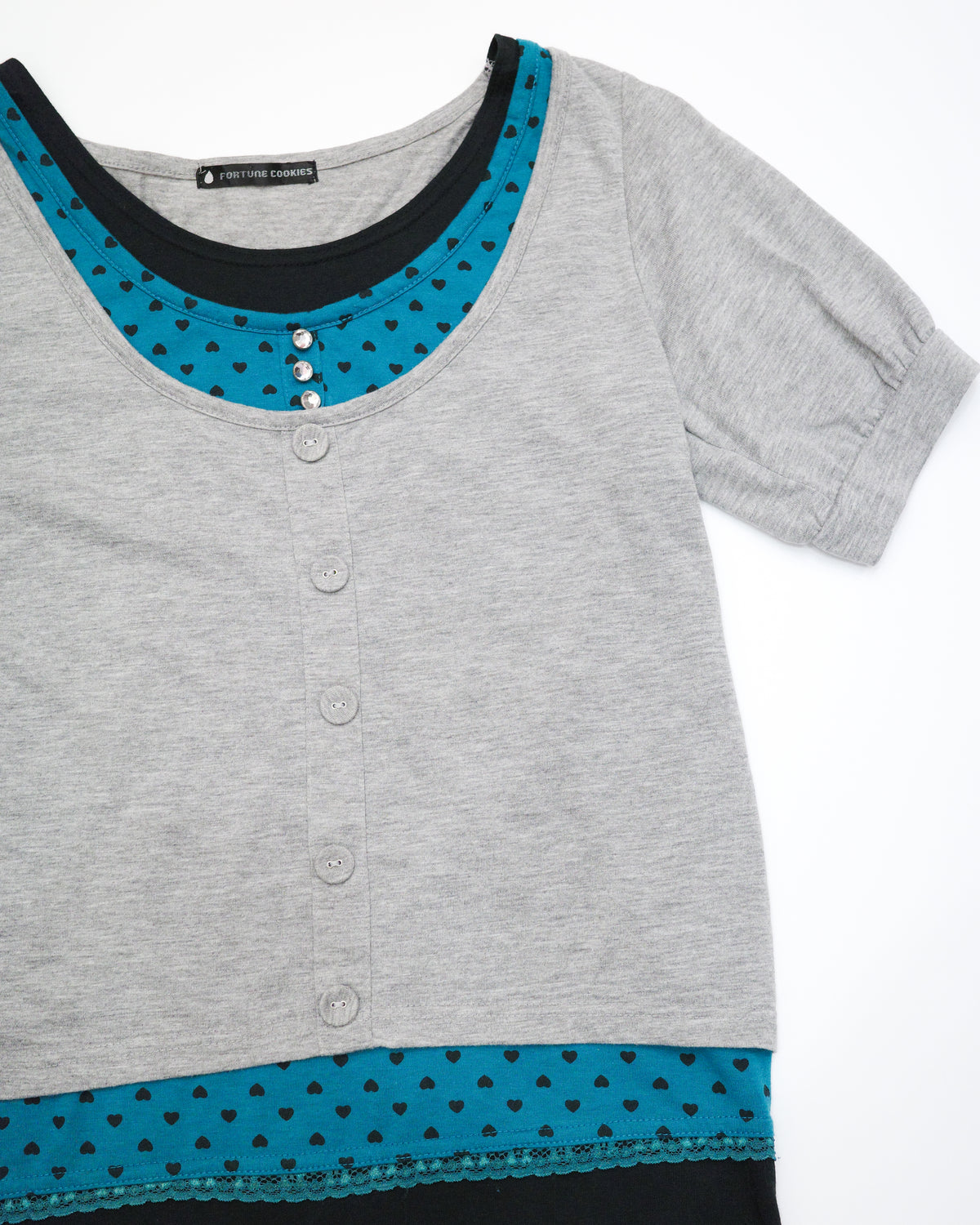 Grey & Teal Heart-Print Layered Tee