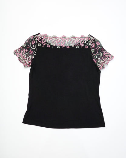 Black Tee with Floral Embroidery
