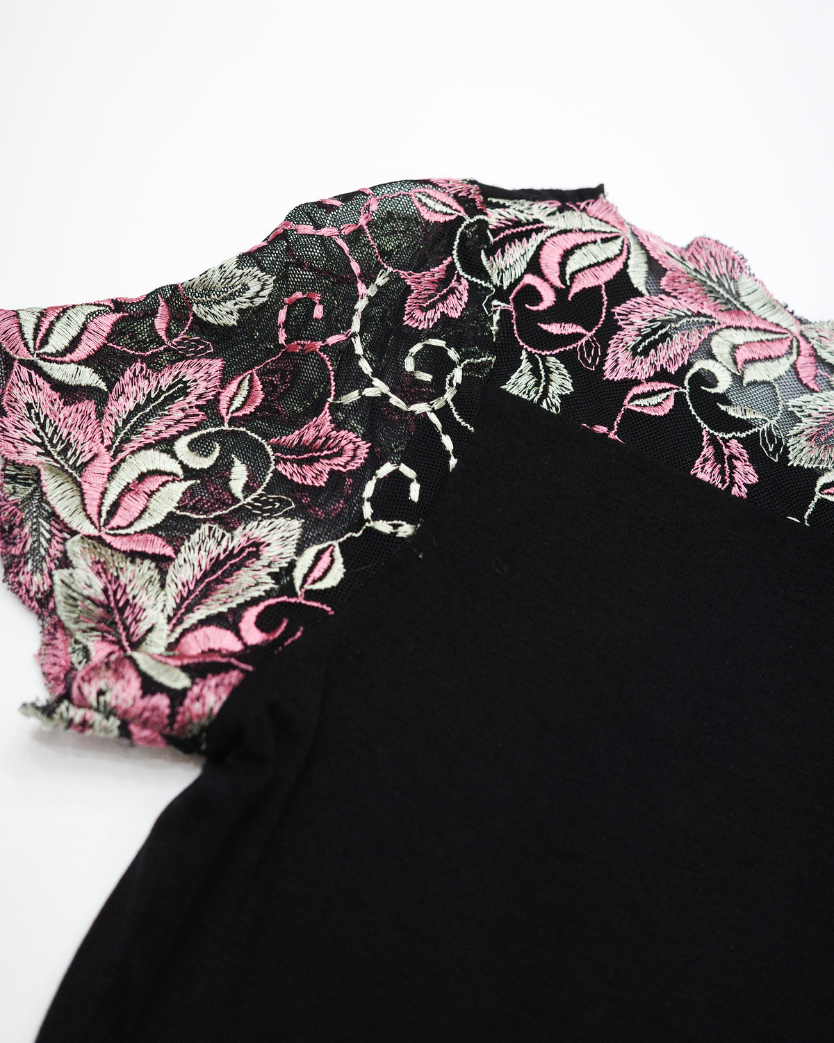 Black Tee with Floral Embroidery