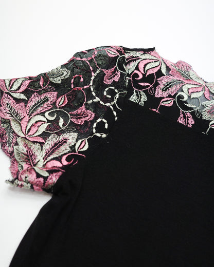 Black Tee with Floral Embroidery