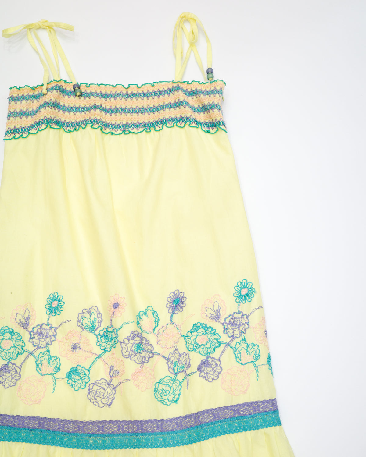 Yellow Embroidered Floral Smocked Cami Dress