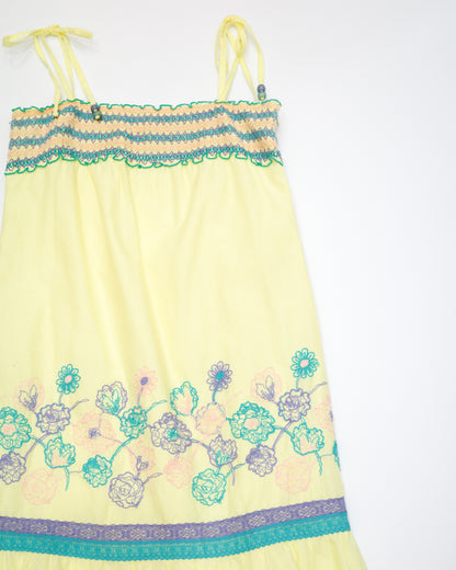 Yellow Embroidered Floral Smocked Cami Dress