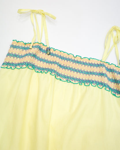 Yellow Embroidered Floral Smocked Cami Dress