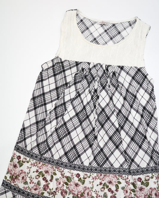 Black & White Plaid Tank Dress with Floral Print
