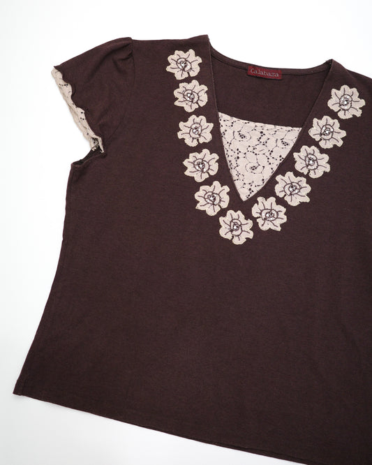 Brown Floral Embroidered Top