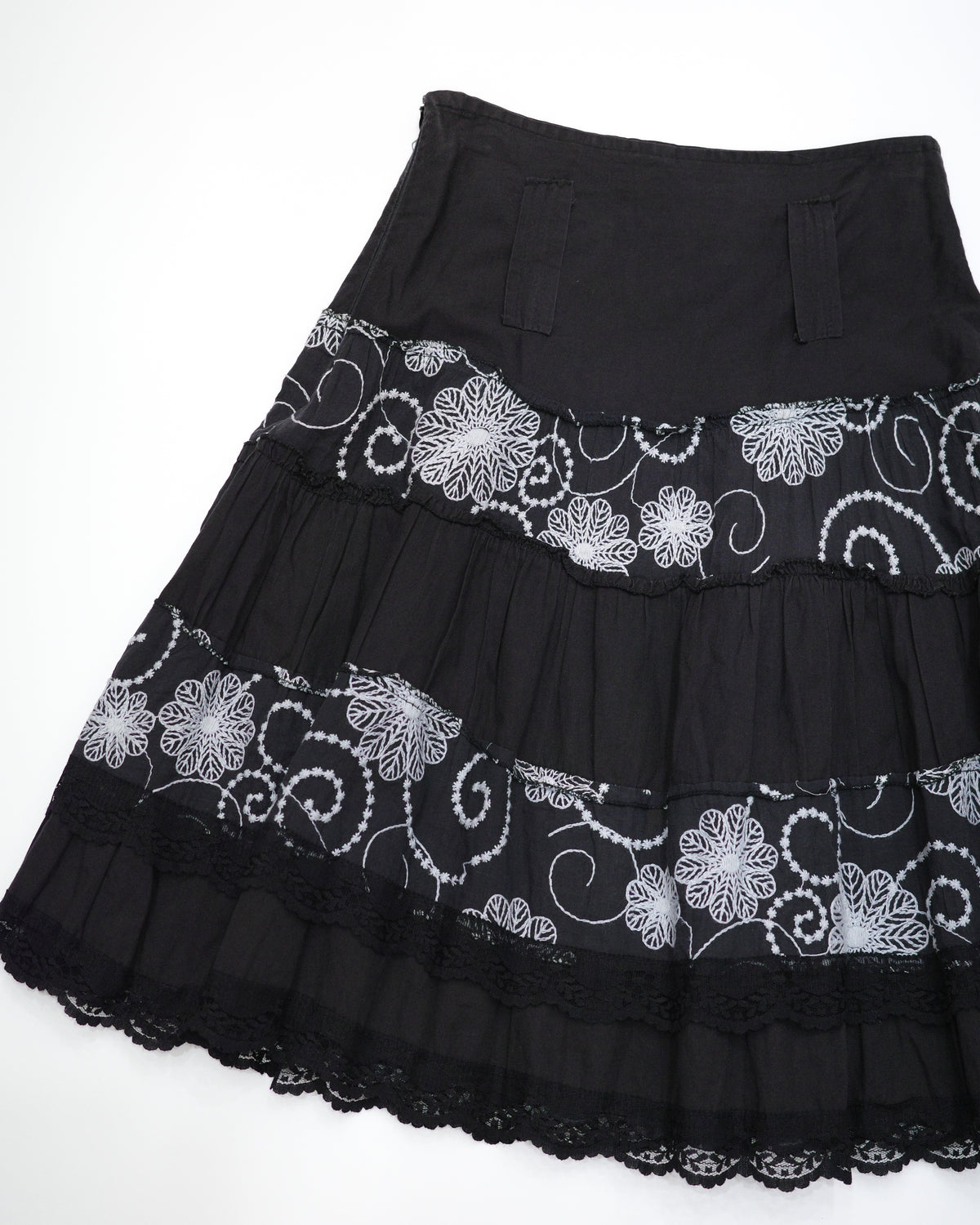 Black Floral Embroidered Tiered Skirt