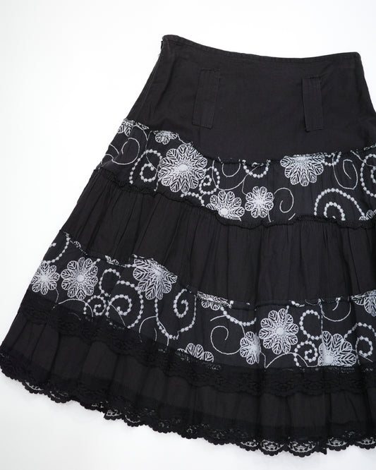 Black Floral Embroidered Tiered Skirt
