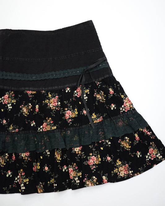 Black Floral w/ Green Lace Trim Corduroy Skirt