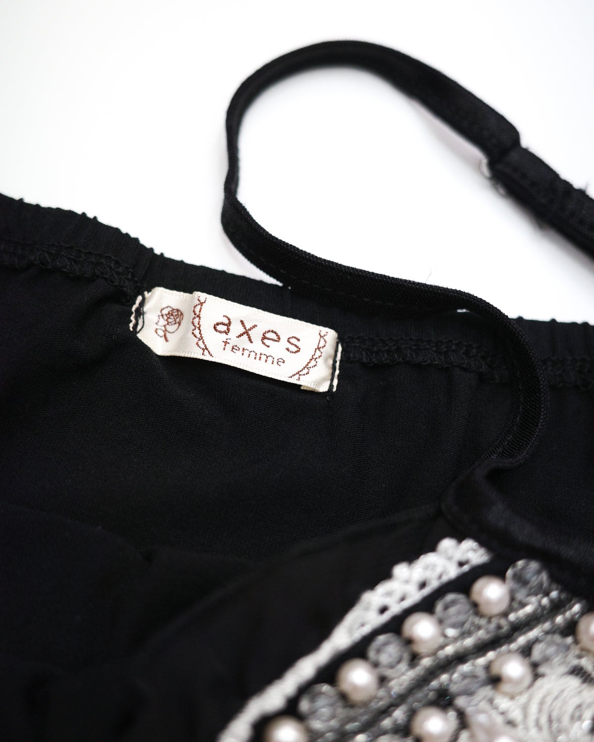 Axes Femme Black Cami with Lace & Pearls Trim