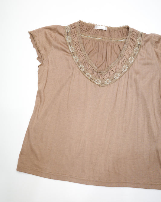 Mocha V-Neck with Floral Lace Trim