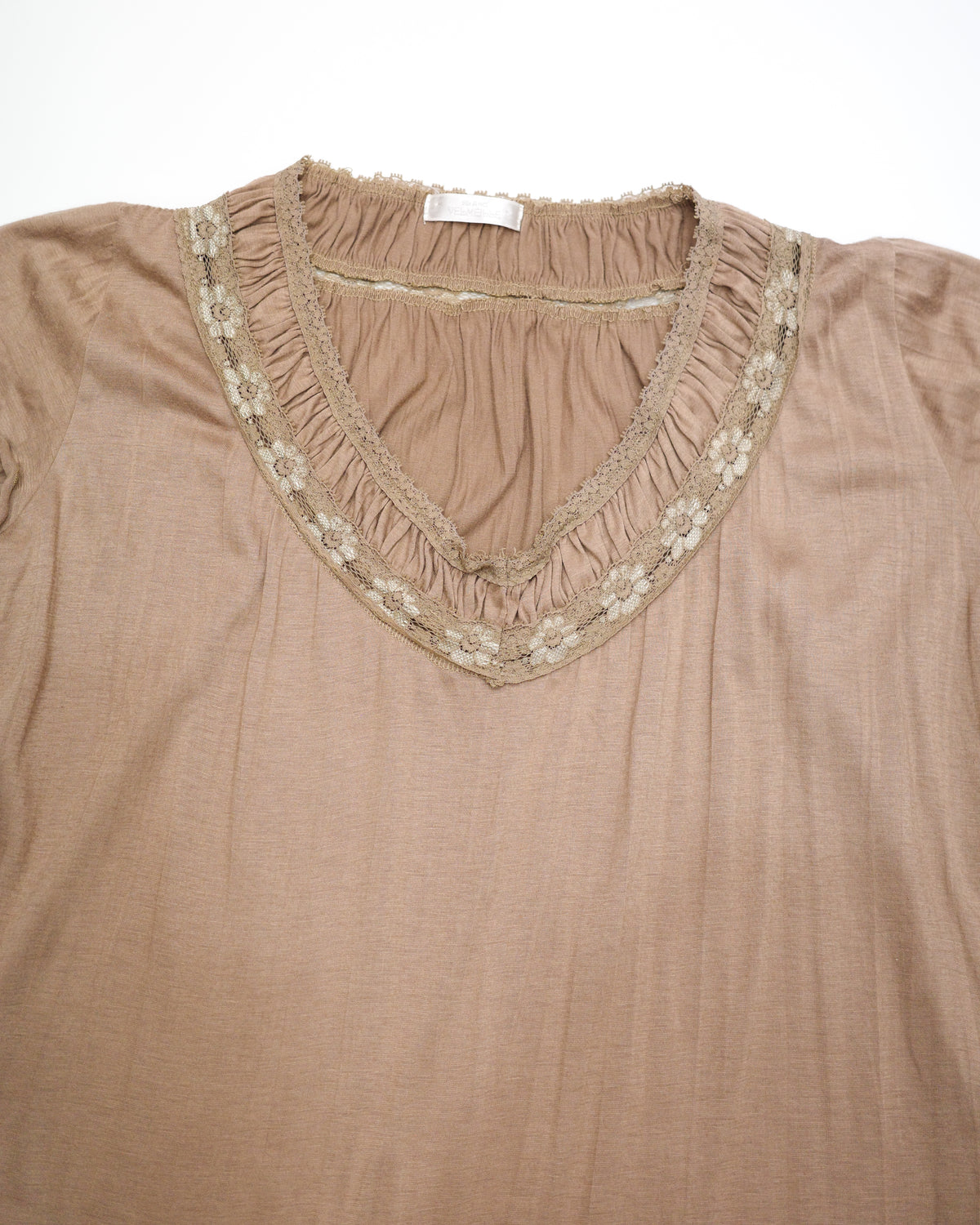 Mocha V-Neck with Floral Lace Trim
