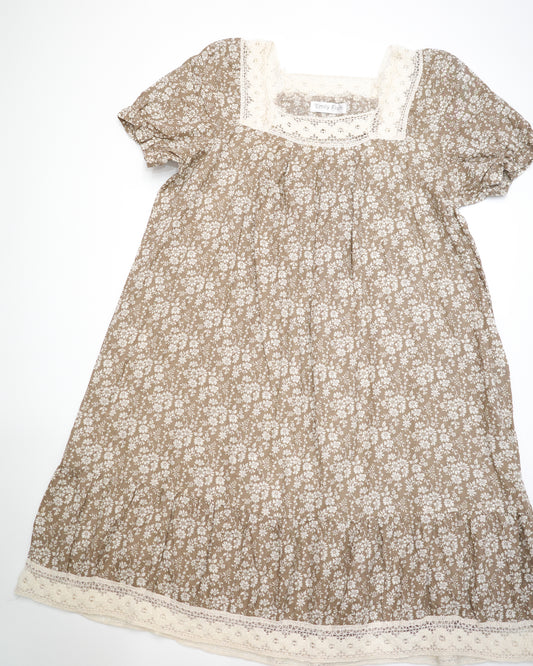Beige Floral Square-Neck Dress