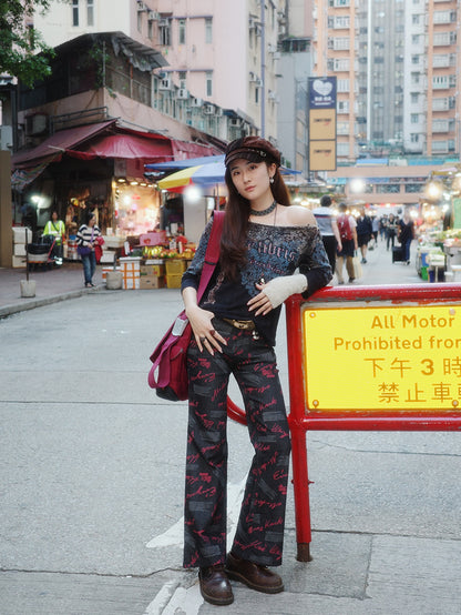 Black Flared Pants with Scribbles Print